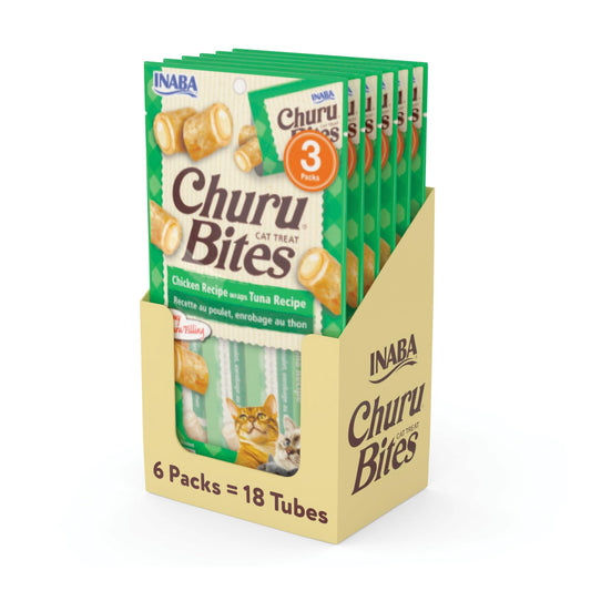 INABA Churu Bites for Cats, Soft/Chewy Baked Chicken Wrapped Churu Filled Cat Treats with Vitamin E, 0.35 Ounces per Tube, 18 Tubes Total (3 Tubes per Pack), Tuna Recipe