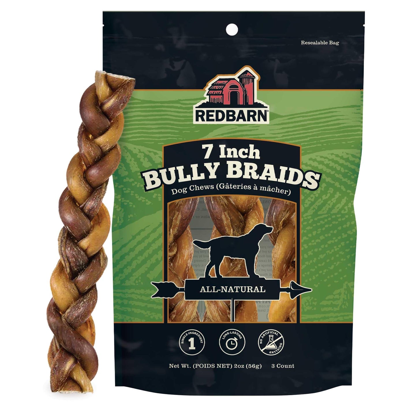 Redbarn Pet Products All-Natural 7" Braided Bully Sticks for Dogs - Premium Grain-Free & Rawhide-Free Single Ingredient Long Lasting Low Odor Dental Treat for Chewers - 3 Count