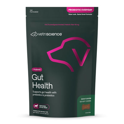 VetriScience Gut Health Chews, Probiotic Everyday Digestive Supplement for Dogs, Digestion Support, Gas & Diarrhea, Immune Support, 1 Billion CFU Per Chew, Duck, 120 Count