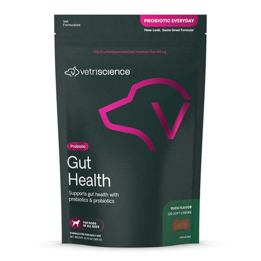 VetriScience Gut Health Chews, Probiotic Everyday Digestive Supplement for Dogs, Digestion Support, Gas & Diarrhea, Immune Support, 1 Billion CFU Per Chew, Duck, 120 Count
