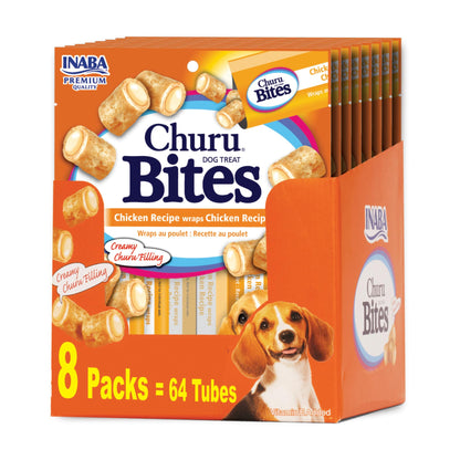 INABA Churu Bites for Dogs, Grain-Free, Soft/Chewy Baked Chicken Wrapped Churu Filled Dog Treats with Vitamin E, 0.42 Ounces Each Tube|64 Tubes Total (Pack of 8), Chicken Recipe