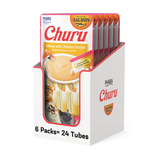 INABA Salmon Churu Cat Treats, Lickable, Squeezable Creamy Purée Cat Treat with Green Tea Extract & Taurine, 0.5 Ounces Each Tube, 24 Tubes (4 per Pack), Salmon with Chicken Recipe