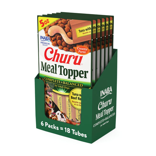 INABA Churu Meal Topper for Dogs, Complete & Balanced, Creamy, Lickable Purée Dog Food Toppers, 1.69 Ounce Tube, 18 Tubes (3 per Pack), Tuna with Beef Recipe