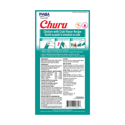 INABA Churu Cat Treats, Grain-Free, Lickable, Squeezable Creamy Purée Cat Treat/Topper with Vitamin E & Taurine, 0.5 Ounces Each Tube, 24 Tubes (4 per Pack), Chicken with Crab Recipe