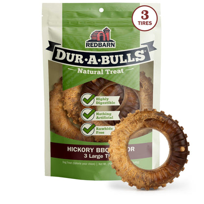 Redbarn Natural Dur-A-Bulls Treats for Dogs - 3 Large Tires - Hickory Flavor - Made in USA Long Lasting 100% Digestible No Artificial Ingredients or Plastic