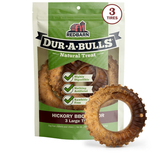 Redbarn Natural Dur-A-Bulls Treats for Dogs - 3 Large Tires - Hickory Flavor - Made in USA Long Lasting 100% Digestible No Artificial Ingredients or Plastic