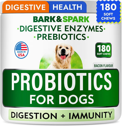 Bark&Spark Dog Probiotics & Digestive Enzymes (Gut Health) Allergy & Itchy Skin - Pet Diarrhea Gas Treatment Upset Stomach Relief Pill, Digestion Health Tummy Treat (180Ct Bacon)