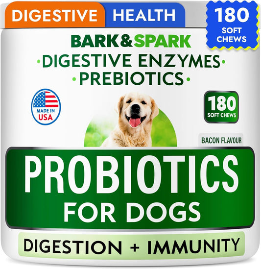 Bark&Spark Dog Probiotics & Digestive Enzymes (Gut Health) Allergy & Itchy Skin - Pet Diarrhea Gas Treatment Upset Stomach Relief Pill, Digestion Health Tummy Treat (180Ct Bacon)