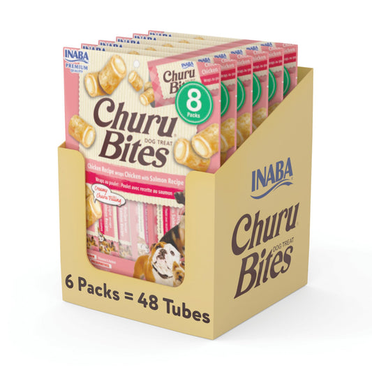 INABA Churu Bites for Dogs, Grain-Free, Soft/Chewy Baked Chicken Wrapped Churu Filled Dog Treats, 0.42 Ounces Each Tube | 48 Tubes Total (8 Tubes per Pack), Chicken with Salmon Recipe