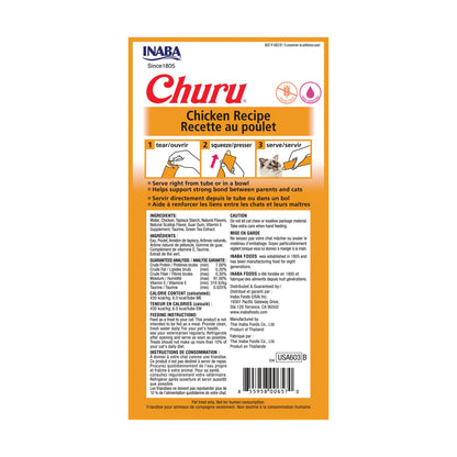 INABA Churu Cat Treats, Grain-Free, Lickable, Squeezable Creamy Purée Cat Treat/Topper with Vitamin E & Taurine, 0.5 Ounces Each Tube, 24 Tubes (4 per Pack), Chicken Recipe