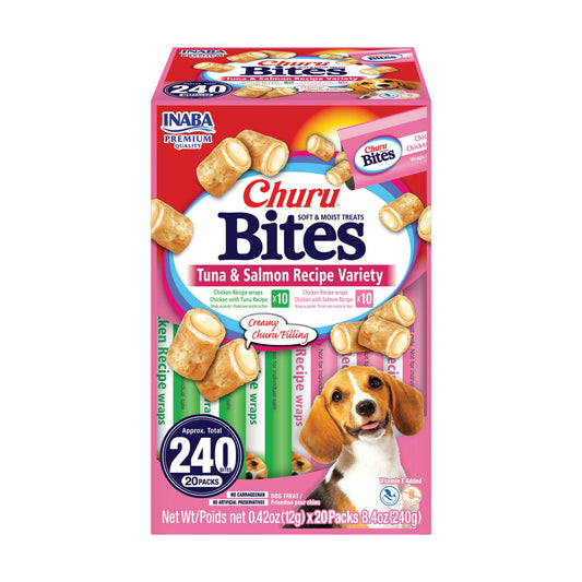 INABA Churu Bites Dog Treat, Grain-Free, Baked Chicken Filled with Churu, Chicken Recipe Wraps Tuna Recipe & Salmon Recipe 20 Pack Variety