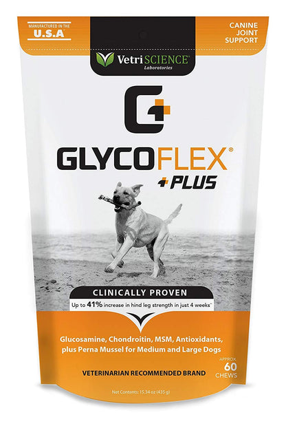 VetriScience GlycoFlex Ultimate Strength Healthy Hip & Joint Glucosamine Supplements for Dogs, with MSM, Chondroitin & Green-Lipped Mussel, Soft Chews, Duck, 60 Count - New Look