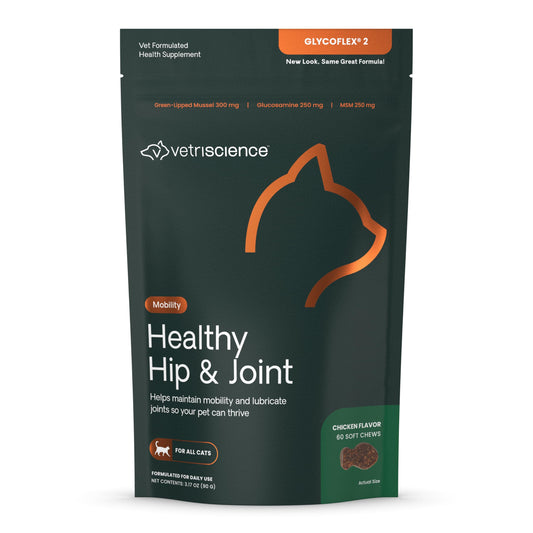 VetriScience Healthy Hip & Joint Chews, GlycoFlex Glucosamine and Green-Lipped Mussel Joint Support Supplement for Cats, Promote Mobility and Protect Joints, Chicken, 60 Count