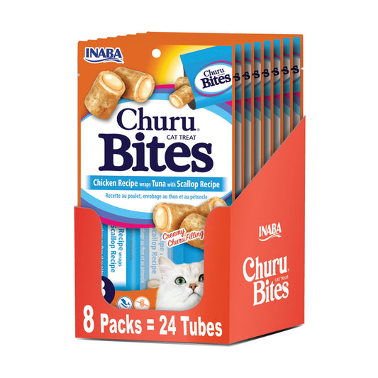 Inaba Churu Bites for Cats, Soft Baked Chicken Churu Filled Cat Treats with Vitamin E, 0.35 Ounces Each Tube, 24 Tubes Total (3 Per Pack), Tuna with Scallop Recipe