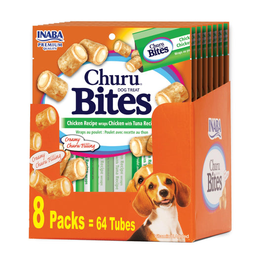 INABA Churu Bites for Dogs, Soft & Chewy Dog Treats, 0.42 Ounces Each Tube, 64 Tubes Total (8 Tubes per Pack), Chicken with Tuna Recipe