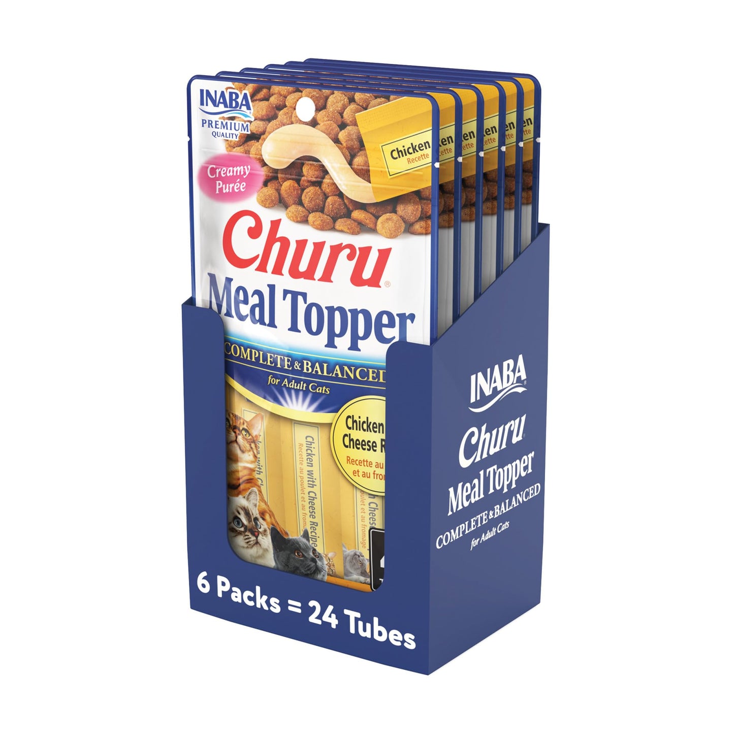 INABA Churu Meal Topper for Cats, Complete & Balanced, Creamy, Lickable Purée Cat Food Topper, 0.5 Ounce Tube, 24 Tubes (4 per Pack), Chicken with Cheese Recipe