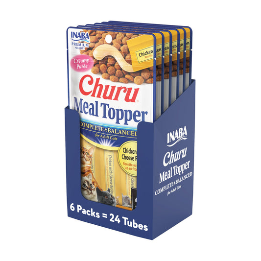 INABA Churu Meal Topper for Cats, Complete & Balanced, Creamy, Lickable Purée Cat Food Topper, 0.5 Ounce Tube, 24 Tubes (4 per Pack), Chicken with Cheese Recipe
