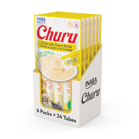 INABA Churu Cat Treats, Grain-Free, Lickable, Squeezable Creamy Purée Cat Treat/Topper with Vitamin E & Taurine, 0.5 Ounces Each Tube, 24 Tubes (4 per Pack), Chicken with Cheese Recipe