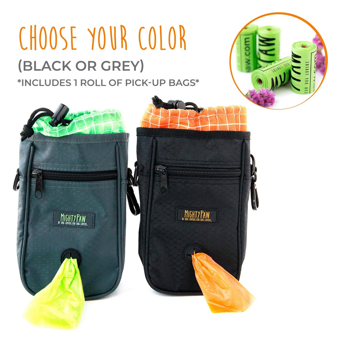 Mighty Paw Dog Treat Bag - Drawstring Closure Pouch - Includes Carabiner Hook and Pick-up Bags - Dog Paw Treat Bag - Pet Training Pouch - (Grey/Green)