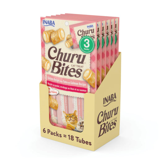 INABA Churu Bites for Cats, Soft/Chewy Baked Chicken Wrapped Churu Filled Cat Treats with Vitamin E, 0.35 Ounces per Tube, 18 Tubes Total (3 Tubes per Pack), Tuna with Salmon Recipe
