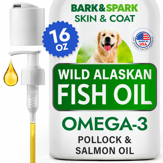 BARK&SPARK Omega 3 Fish Oil for Dogs - w/Wild Alaskan Salmon Oil for Dogs, Fish Oil Liquid Supplement for Pets, EPA+DHA Fatty Acids, Skin&Coat Support - Itch&Allergy Relief, Joint, Immune&Heart Health