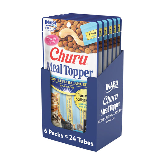 INABA Churu Meal Topper for Cats, Complete & Balanced, Creamy, Lickable Purée Cat Food Topper, 0.5 Ounce Tube, 24 Tubes (4 per Pack), Tuna with Scallop Recipe