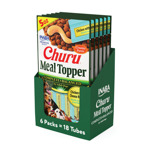 INABA Churu Meal Topper for Dogs, Complete & Balanced, Creamy, Lickable Purée Dog Food Toppers, 1.69 Ounce Tube, 18 Tubes (3 per Pack), Chicken with Cheese Recipe