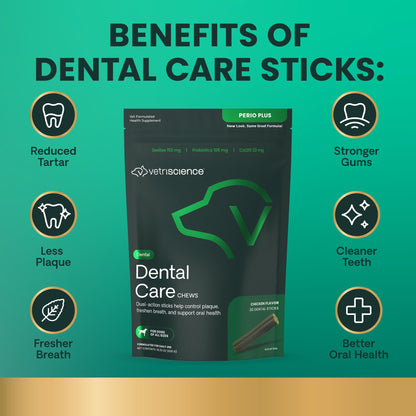 VetriScience Healthy Mouth Dental Chews, Perio Plus Sticks for Dogs, with Probiotics, Spirulina & Zeolites, Breath Freshening, Plaque & Tartar Control, Chicken, 30 Count