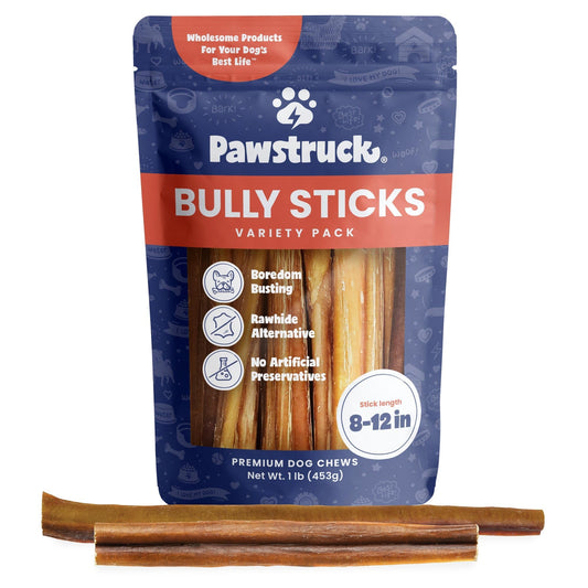 Pawstruck Natural 8–12" Bully Sticks for Dogs – Long-Lasting, Rawhide-Free, Low-Odor, Grain-Free Dental Chew Treat – Single Ingredient, 100% Real Beef – 1 lb Bag – Packaging May Vary