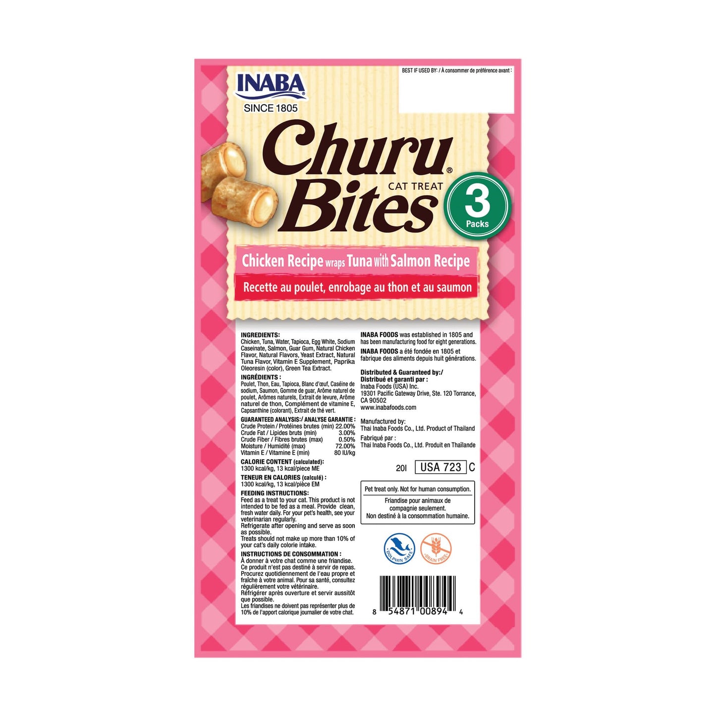 INABA Churu Bites for Cats, Soft/Chewy Baked Chicken Wrapped Churu Filled Cat Treats with Vitamin E, 0.35 Ounces per Tube, 18 Tubes Total (3 Tubes per Pack), Tuna with Salmon Recipe