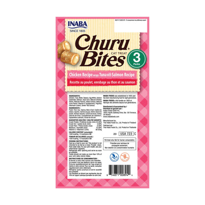 INABA Churu Bites for Cats, Soft/Chewy Baked Chicken Wrapped Churu Filled Cat Treats with Vitamin E, 0.35 Ounces per Tube, 18 Tubes Total (3 Tubes per Pack), Tuna with Salmon Recipe