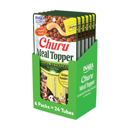 INABA Churu Meal Topper for Dogs, Complete & Balance, Creamy, Lickable Purée Dog Food Topper, 0.5 Ounce Tube, 24 Tubes (4 per Pack), Chicken with Pumkpin Recipe