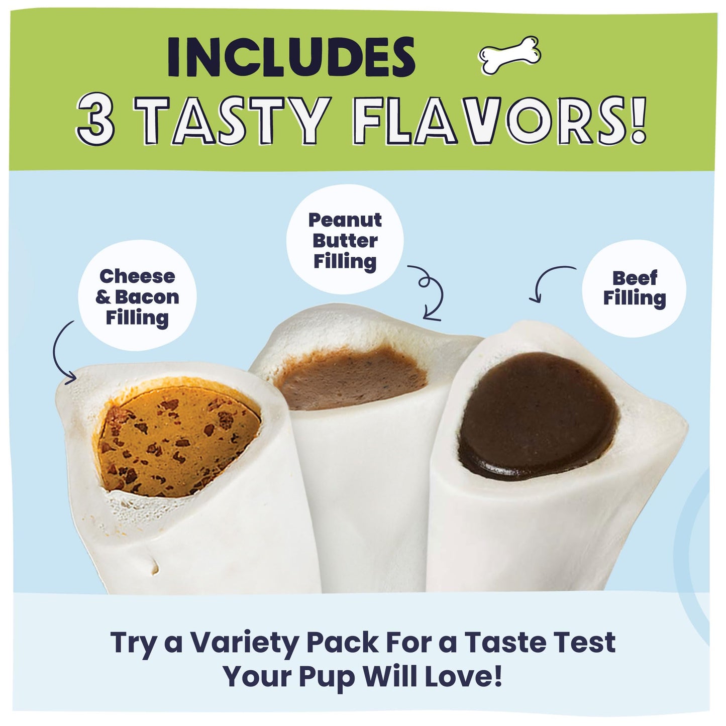 Pawstruck Large 5-6” Filled Dog Bones Variety Pack - Peanut Butter, Cheese & Bacon, Beef Flavors - Made in USA, Long Lasting Stuffed Femur Treat for Aggressive Chewers - Pack of 3, Packaging May Vary