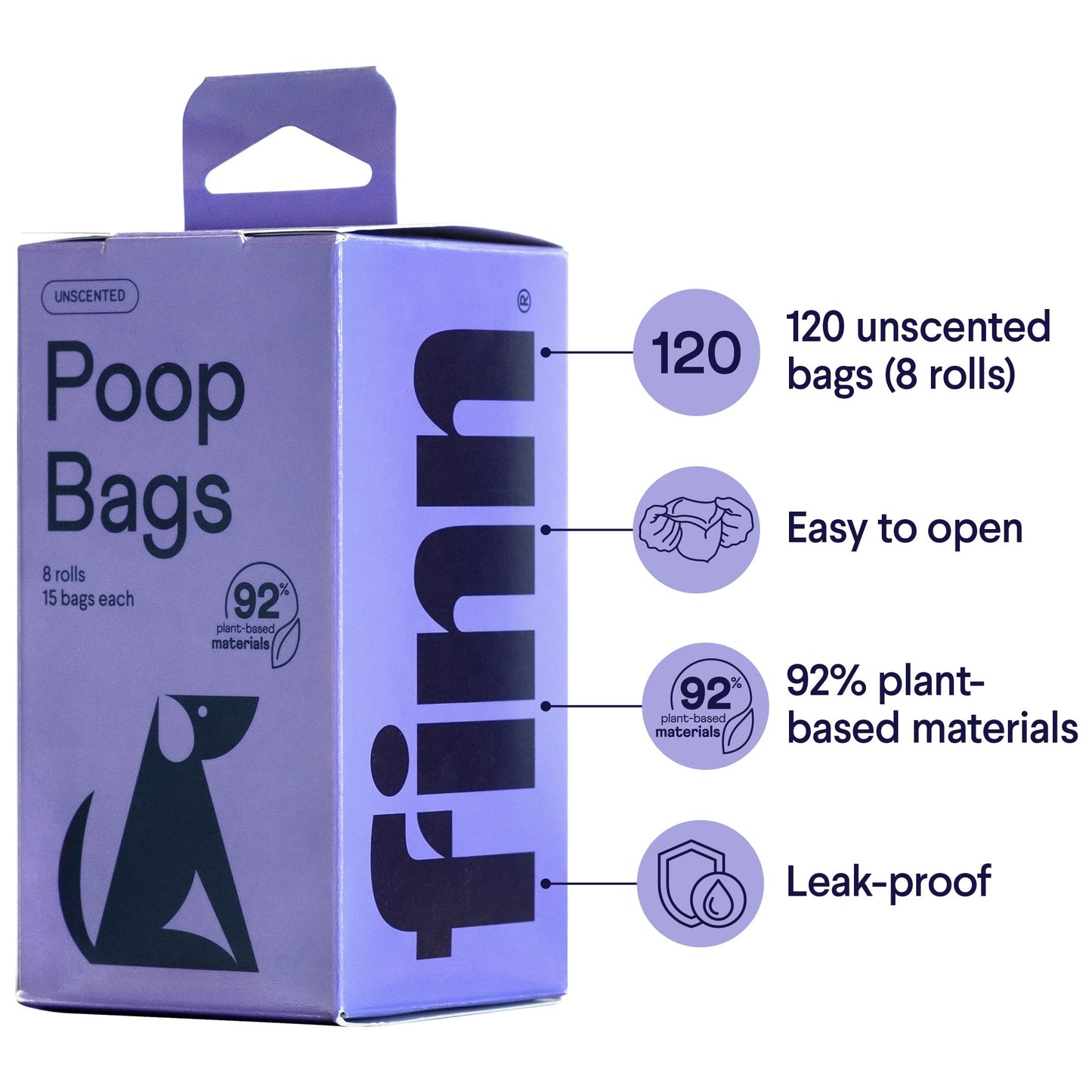 Finn 92% Biobased Poop Bags | USDA-Certified BioPreferred Product | Made from 92% Plant-Based Materials / 8% PE | Unscented Dog Waste Bags, Set of 120