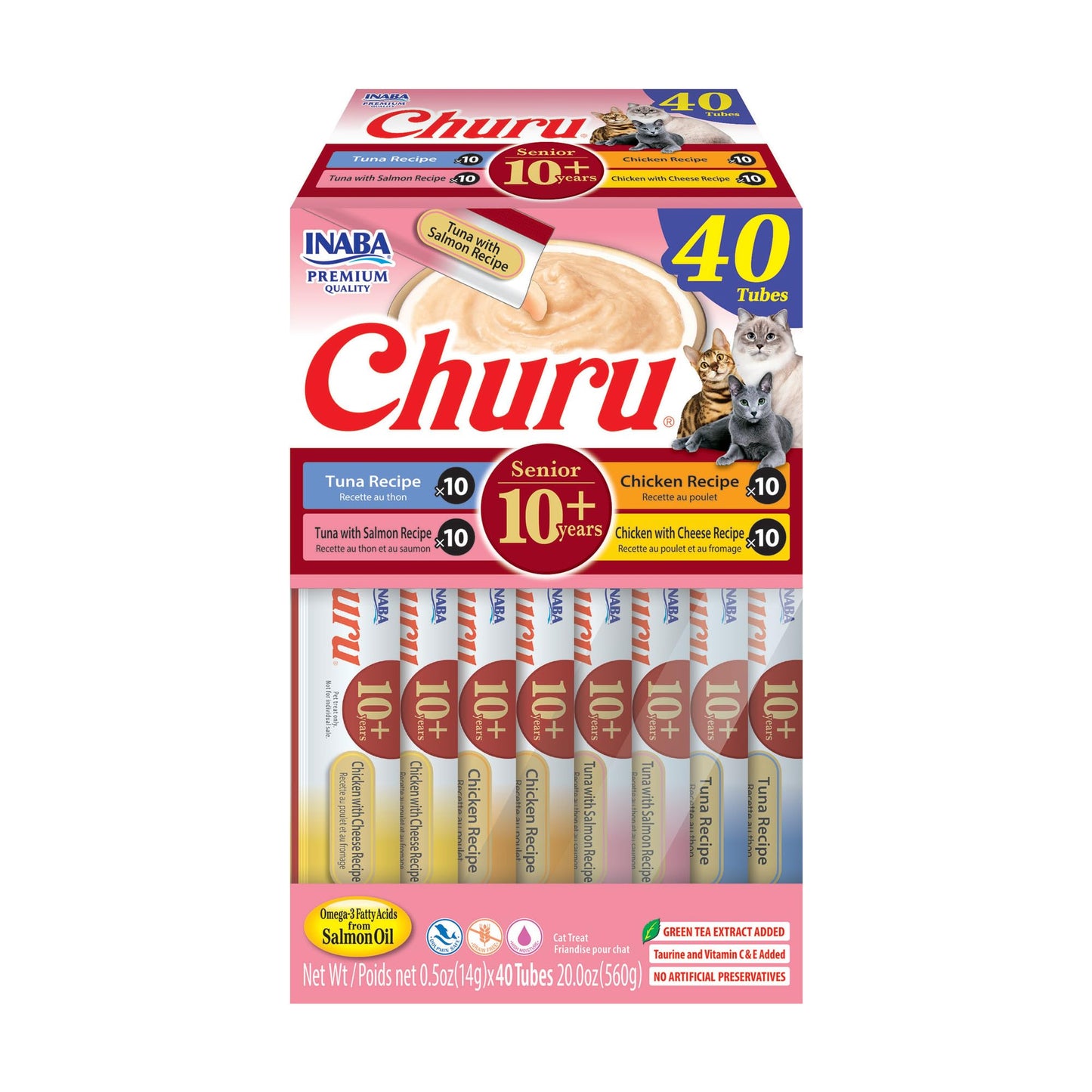 INABA Churu for Senior 10+, Creamy Lickable Cat Treats with Taurine, Vitamin E & C, 0.5 Ounces Each, 40 Tubes, Tuna & Chicken Variety