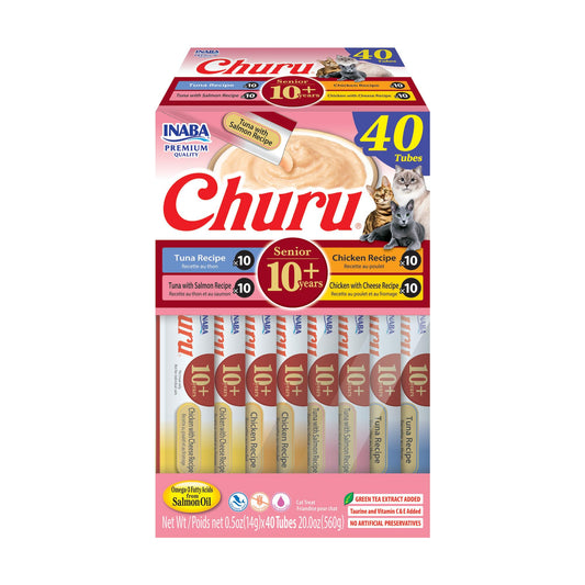 INABA Churu for Senior 10+, Creamy Lickable Cat Treats with Taurine, Vitamin E & C, 0.5 Ounces Each, 40 Tubes, Tuna & Chicken Variety