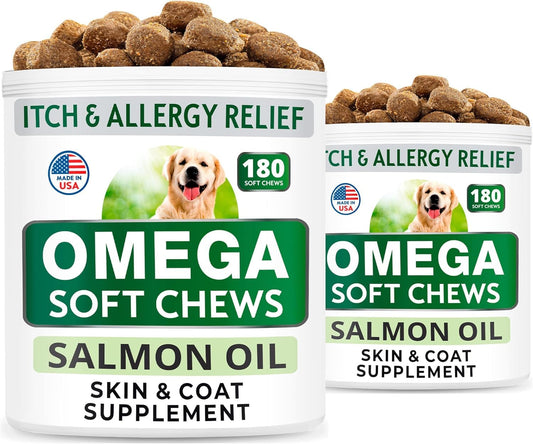 BARK&SPARK (Pack of 2) Omega 3 for Dogs - 360 Fish Oil Chews for Dog Shedding, Skin Allergy, Itch Relief, Hot Spots Treatment - Joint Health - Skin & Coat Supplement - EPA&DHA Fatty Acids - Salmon Oil