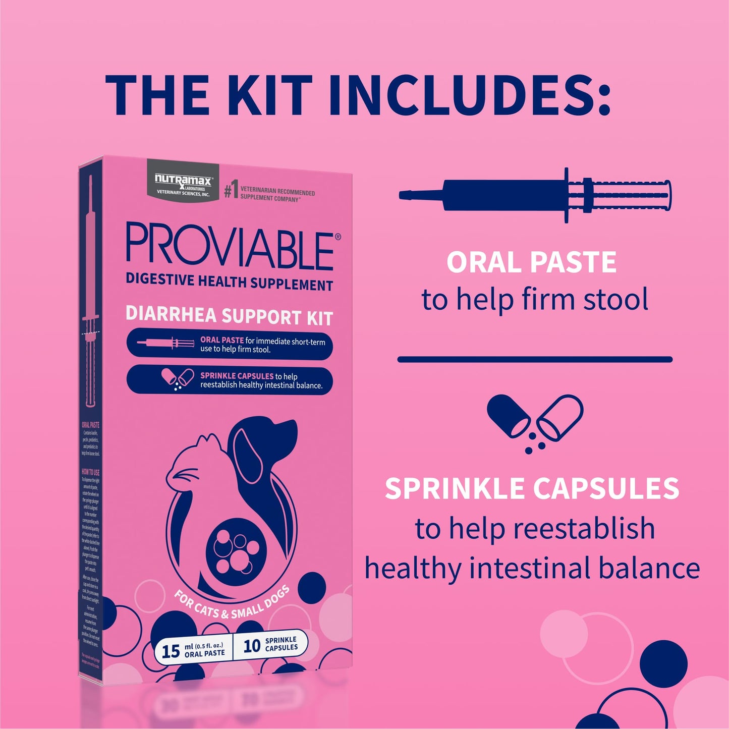 Nutramax Proviable Digestive Health Supplement Kit with Multi-Strain Probiotics and Prebiotics for Cats and Small Dogs, With 7-Strains of Bacteria, 15 mL Paste and 10 Capsules
