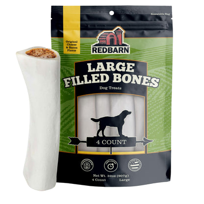 Redbarn Pet Products Large Filled Dog Bones, Cheese & Bacon Flavor - Long Lasting Stuffed Femur Chew Treat Made in USA - 4 Count - Packaging May Vary
