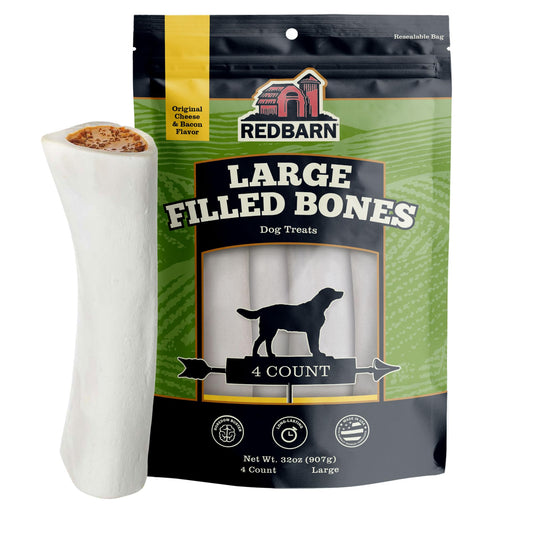 Redbarn Pet Products Large Filled Dog Bones, Cheese & Bacon Flavor - Long Lasting Stuffed Femur Chew Treat Made in USA - 4 Count - Packaging May Vary