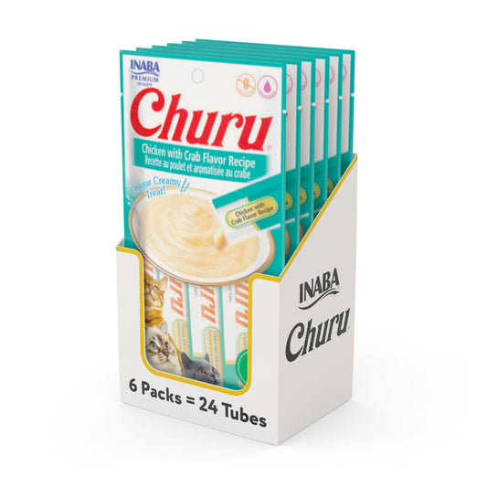 INABA Churu Cat Treats, Grain-Free, Lickable, Squeezable Creamy Purée Cat Treat/Topper with Vitamin E & Taurine, 0.5 Ounces Each Tube, 24 Tubes (4 per Pack), Chicken with Crab Recipe