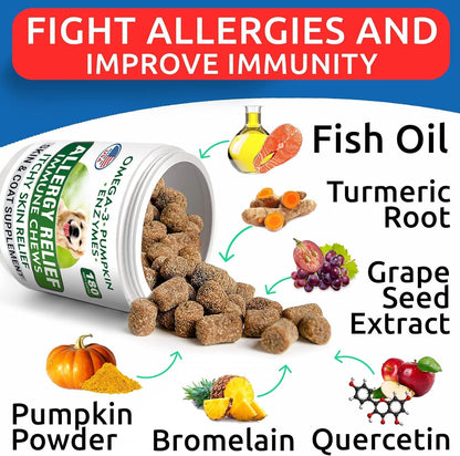 BARK&SPARK Dog Allergy Relief Chews (180 Immune Treats) - Anti-Itch Skin & Coat Supplement - Omega 3 Fish Oil - Dry & Itchy Skin Relief Treatment Pills - Itching, Paw Licking & Hot Spots