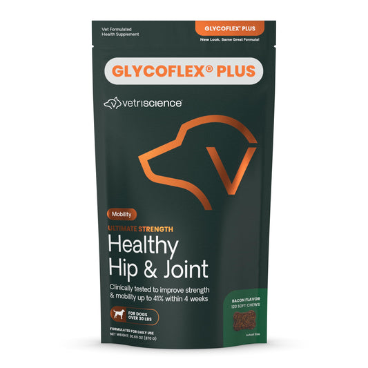 VetriScience GlycoFlex Ultimate Strength Healthy Hip & Joint Glucosamine Supplements for Dogs, with MSM, Chondroitin & Green-Lipped Mussel, Soft Chews, Bacon, 120 Count - New Look