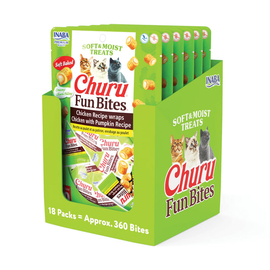 INABA Churu Fun Bites for Cats, Soft & Chewy Cat Treats with Taurine, 0.42 Ounces Each Tetra, 18 Tetras (3 per Bag), Chicken with Pumpkin Recipe