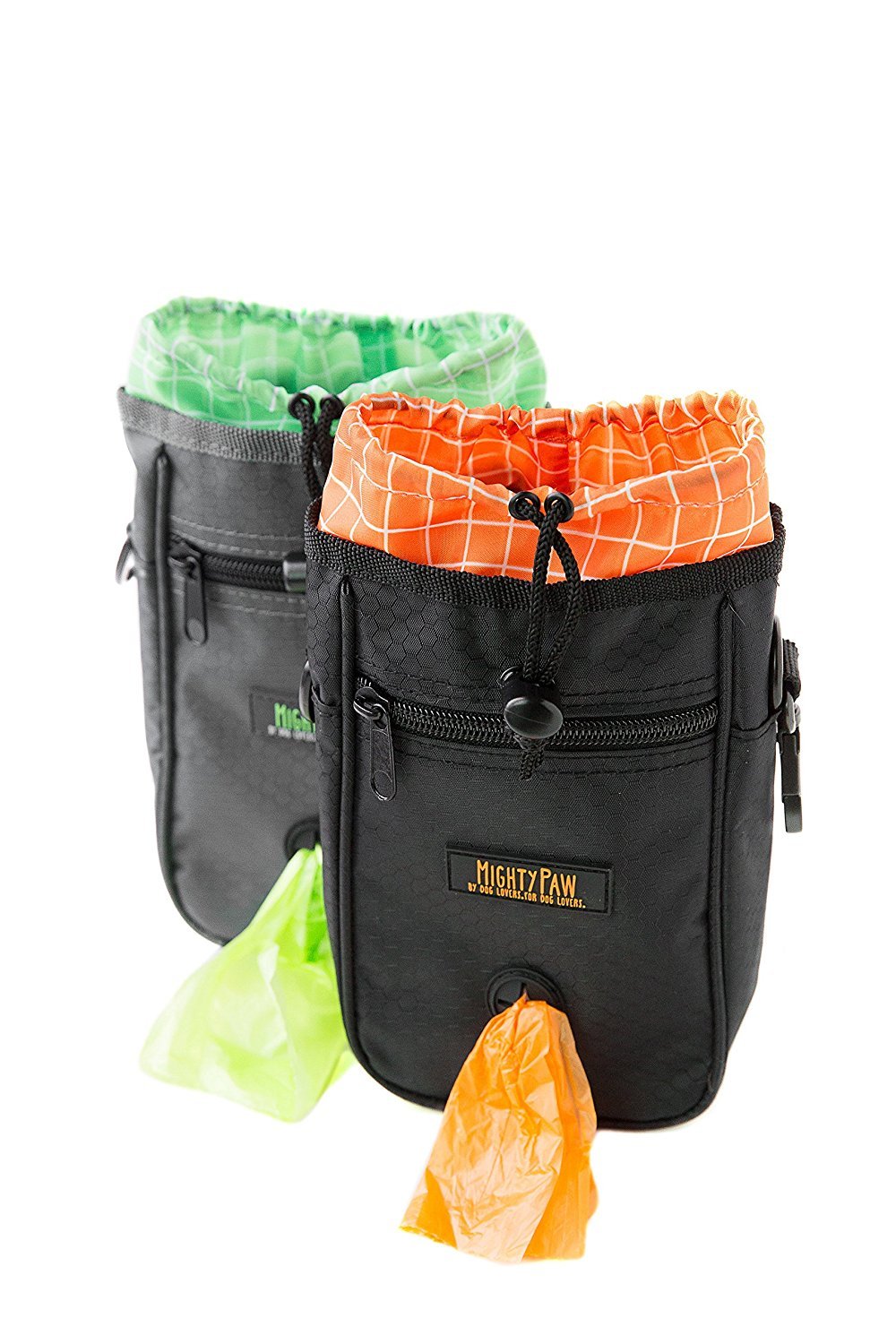 Mighty Paw Dog Treat Bag - Drawstring Closure Pouch - Includes Carabiner Hook and Pick-up Bags - Dog Paw Treat Bag - Pet Training Pouch - (Grey/Green)