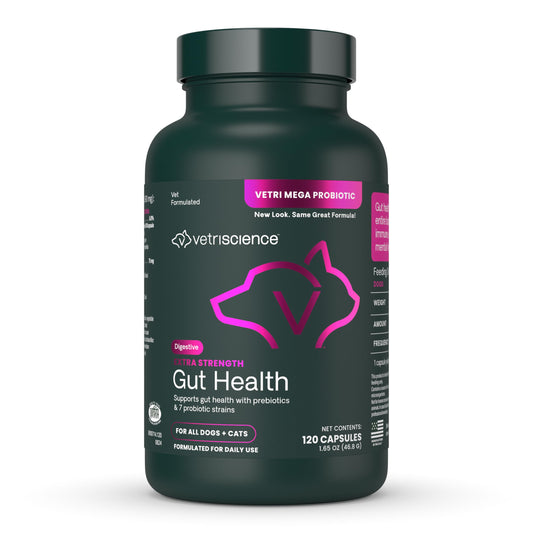 VetriScience Extra Strength Gut Health Easy-Open Capsules, Mega Probiotic and Prebiotic Digestive Supplement for Dogs and Cats, for Diarrhea and Immune Support, 7.5 Billion CFU Per Capsule, 120 Count