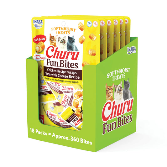 INABA Churu Fun Bites for Cats, Soft & Chewy Cat Treats with Taurine, 0.42 Ounces Each Tetra, 18 Tetras (3 per Bag), Tuna with Cheese Recipe