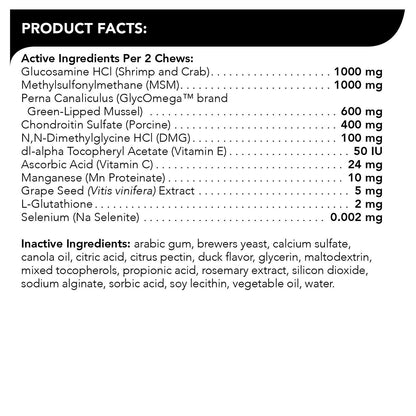 VetriScience GlycoFlex Ultimate Strength Healthy Hip & Joint Glucosamine Supplements for Dogs, with MSM, Chondroitin & Green-Lipped Mussel, Soft Chews, Duck, 60 Count - New Look