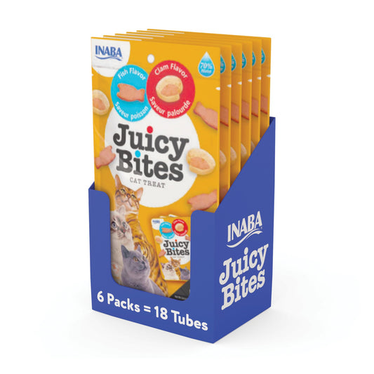 INABA Juicy Bites, Moist & Chewy Cat Treats with Vitamin E and Green Tea Extract, 0.4 Ounces per Pouch, 18 Pouches (3 per Bag), Fish and Clam