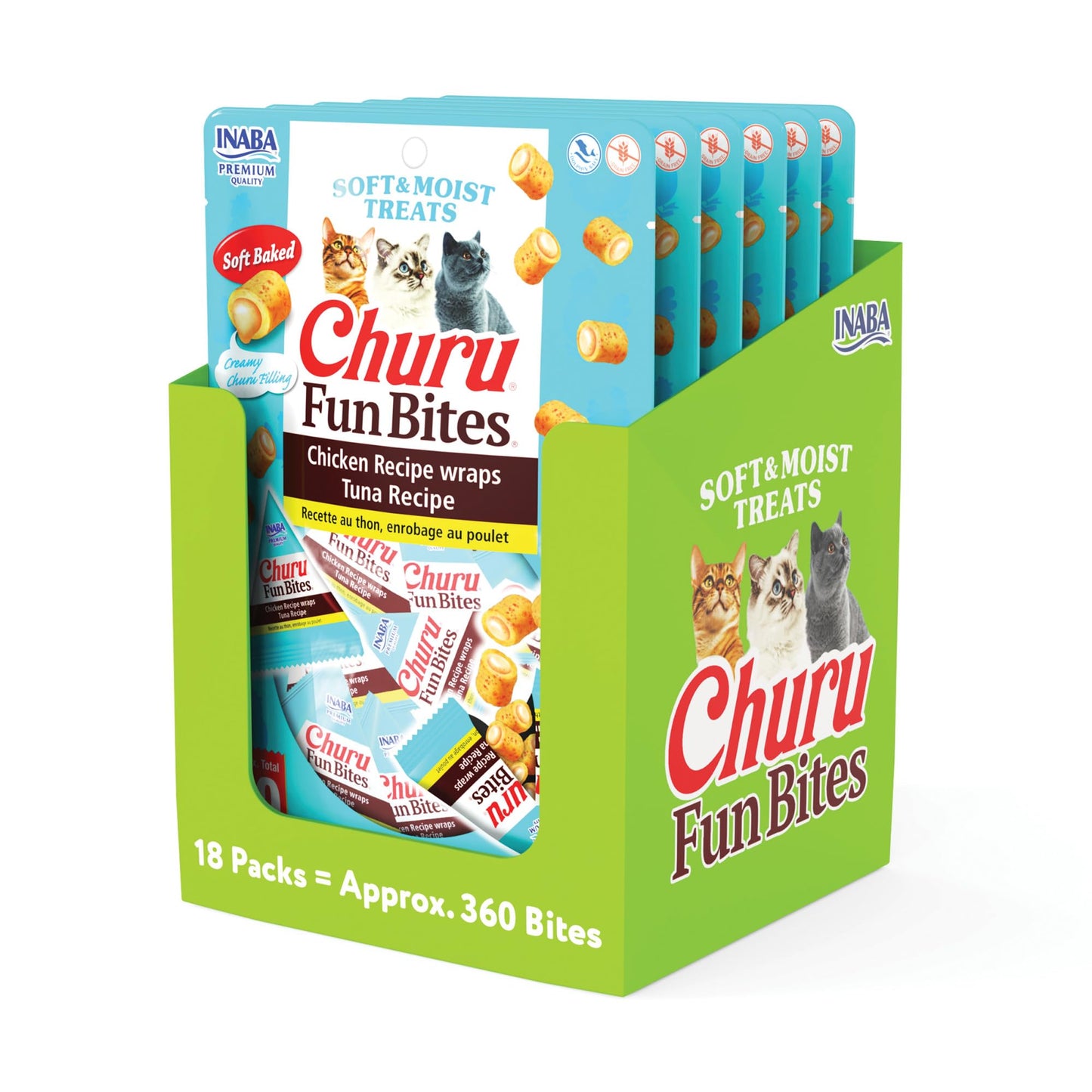 INABA Churu Fun Bites for Cats, Soft & Chewy Cat Treats with Taurine, 0.42 Ounces Each Tetra, 18 Tetras (3 per Bag), Tuna Recipe